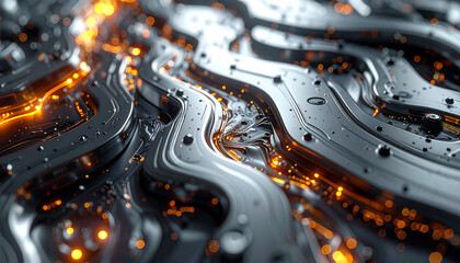 Abstract Circuitry: A close-up view unveils an intricate network of interconnected circuits, radiating a futuristic aura with glowing orange highlights. 