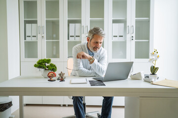 Mature doctor concentrating on laptop screen in medical office