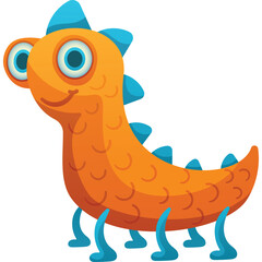 Whimsical Orange Cartoon Monster with Big Blue Eyes and Multiple Blue Legs on Transparent Background