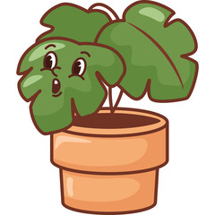 Whimsical Potted Monstera Plant With A Surprised Cartoon Face And Big Green Leaves In A Terra Cotta Pot On A Transparent Background