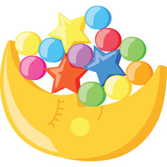 Whimsical Yellow Crescent Moon Filled With Colorful Stars and Spheres on a Transparent Background