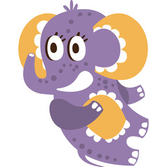 Whimsical Cartoon Purple Elephant with Big Orange Ears and Eyes Holding an Orange Ball on a Transparent Background