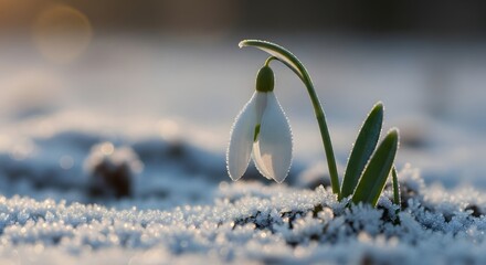 A delicate snowdrop flower emerging from the snow on a cold winter day, showcasing early signs of spring with its white petals and green leaves