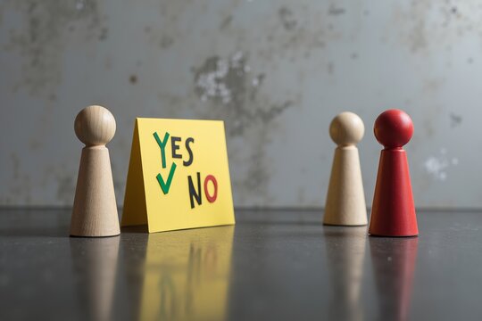 Wooden figures face decision cube: "Yes" or "No". Red figure stands alone, symbolizing choice and consequence.