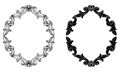 Set Vintage baroque frame in black line art and silhouette, Ornate victorian border engraving vector illustration.