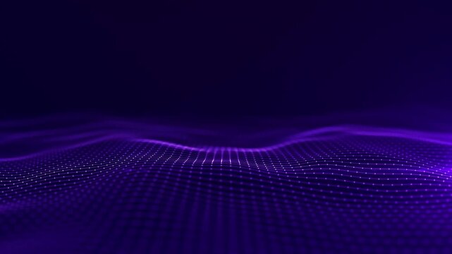 Flowing purple particle mesh wave on dark background, ideal for technology, AI, data flow, and futuristic digital design concepts. Motion background 4k