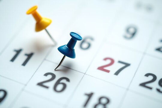 Colorful pins mark dates on calendar, symbolizing scheduling and planning in daily life. Close-up shot highlights organization and time management.