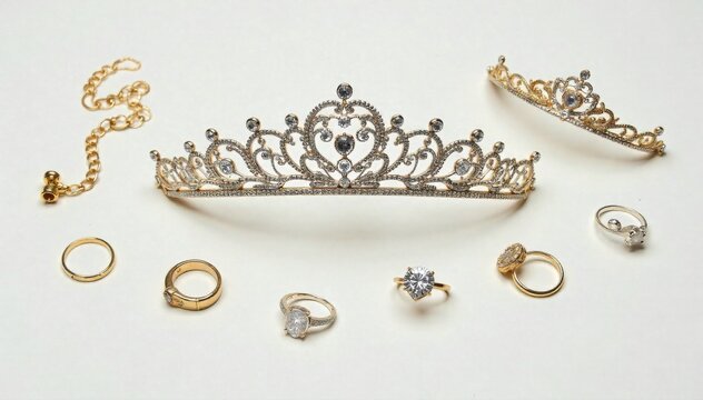 Scattered Bridal Jewels Tiara, Rings, and Accessories Artful arrangement of scattered bridal jewelry tiara, rings, and other accessories, sparkling gems, luxurious setting