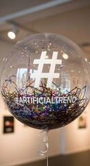 A transparent balloon with a hashtag symbol and the text '#ARTIFICIAL TREND' inside, decorated with colorful confetti and placed in an indoor gallery setting