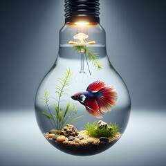 Creative aquarium inside a lightbulb with a colorful betta fish, aquatic plants, and decorative stones creating a unique underwater scene in a glass container