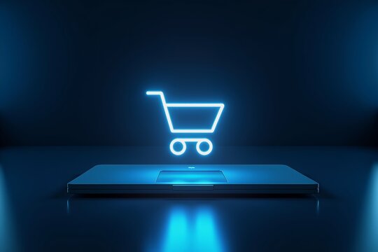 Neon shopping cart hovers above sleek tablet on dark surface, glowing blue light illuminates modern digital commerce scene.