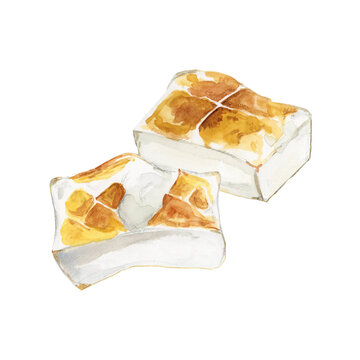 手描き水彩の角餅2つのイラスト / Two Hand-Painted Watercolor Kiri-Mochi (Square Rice Cakes)