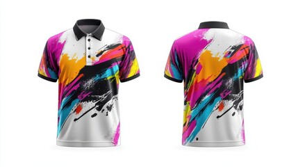 polo tee shirt set with front, back, and side views cutout in a white background, bold zigzag lines with alternating neon colors like electric green, hot pink