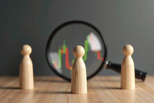 Hand holds magnifying glass over stock chart, wooden figures symbolize investors analyzing market trends closely. - Powered by Adobe