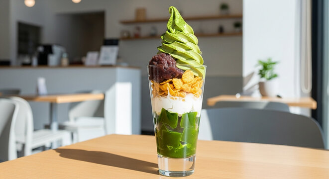 Matcha parfait layered in a tall glass with matcha jelly cubes, whipped cream, red bean paste, soft serve, and crunchy cornflakes, styled in a modern minimalist caf&eacute;