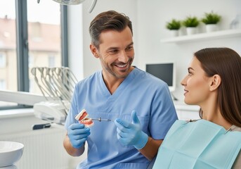 Male dentist explaining human jaw model to woman patient in dental clinic. Oral hygiene consultation for dental care.