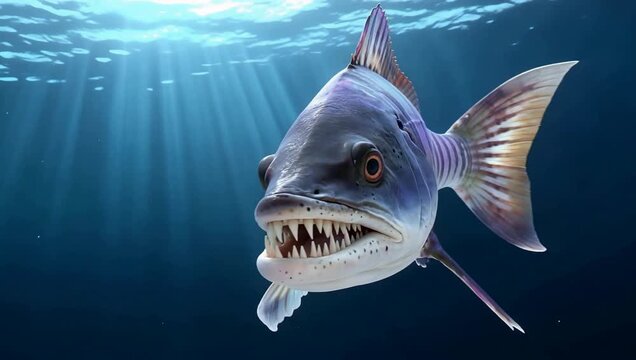Underwater close up of a fierce predatory fish with sharp teeth swimming in the ocean.