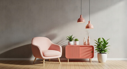 Stylish living room interior with a pink armchair, cabinet and plants near the wall