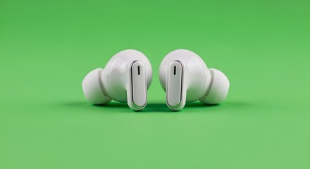 Wireless earbuds placed on a vibrant green background showcasing modern audio technology and portable sound devices