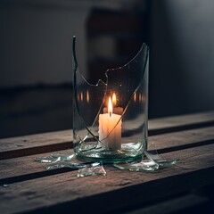 A broken glass candle holder with a lit candle inside, placed on a wooden surface in a dimly lit environment, creating a somber and reflective atmosphere