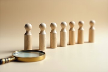 Magnifying glass examines five wooden figures, symbolizing scrutiny or analysis in a minimalist setting.