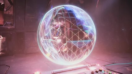 A luminous, grid-like sphere hovers above a control panel in an industrial interior - Powered by Adobe