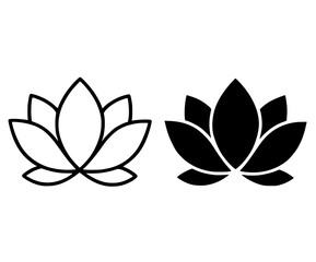 Minimalist icon, lotus flower vector, black and white, outline and silhouette