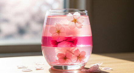 Sakura jelly dessert with translucent pink layers and edible cherry blossoms suspended inside