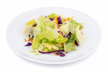 Garden Iceberg Salad Mix on White Plate – Chopped Lettuce, Red Cabbage, and Carrots, Isolated on White Background