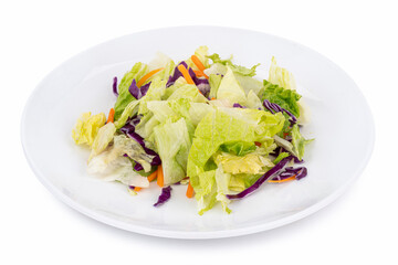 Garden Iceberg Salad Mix on White Plate – Chopped Lettuce, Red Cabbage, and Carrots, Isolated on White Background