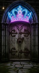 A historic wooden door adorned with intricate metalwork and illuminated by a vibrant neon crown sign above, set within an ancient stone archway at night