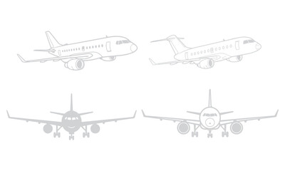 Aviation and Ground Transport Vector Graphics: Airplane Line Art, Helicopter Silhouette, and Multi-View Vehicle Icons