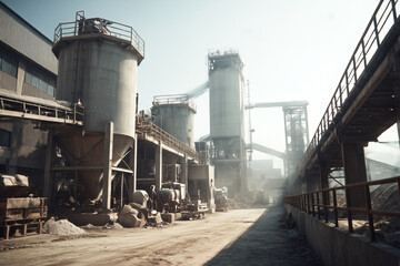 Obraz premium Wide industrial view of a cement plant with silos, conveyor systems, machinery, and dusty surfaces. Morning sunlight creates atmospheric long shadows. Authentic heavy industry environment
