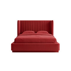 Obraz premium Crimson tranquility: Luxurious upholstered bed with vertical channels against a dark backdrop