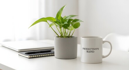 A minimalist workspace featuring a potted plant, a white coffee mug with the words 'Productivity Blend', and a closed notebook on a clean, bright desk surface