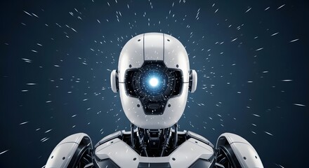 A highly detailed humanoid robot with a glowing central eye, set against a dynamic background with motion lines, illustrating advanced robotics and artificial intelligence technology