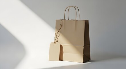 A plain brown paper shopping bag with a matching tag and handles, placed on a neutral background with soft lighting creating shadows and highlights