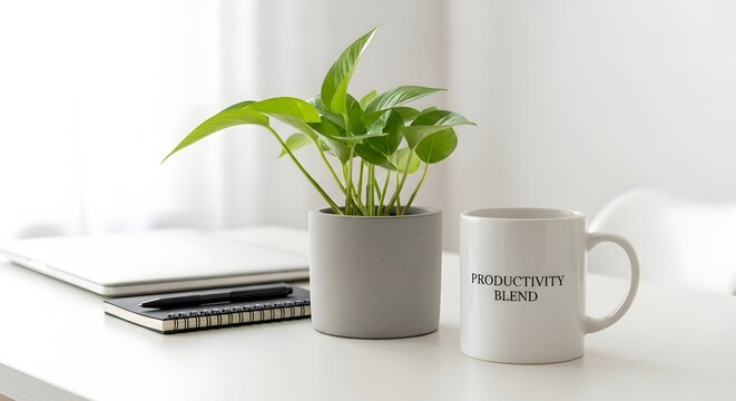 A minimalist workspace featuring a potted plant, a white coffee mug with the words 'Productivity Blend', and a closed notebook on a clean, bright desk surface
