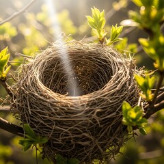 A close-up view of a bird's nest nestled among green leaves on a sunny day, highlighting the intricate weaving of twigs and natural materials used for construction
