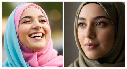 Two young women wearing hijabs smiling and looking content in different settings, showcasing diversity and cultural expression through head coverings