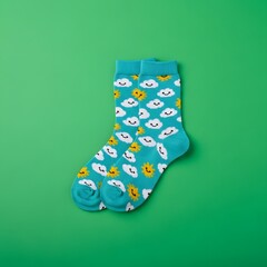 Colorful socks featuring cheerful cloud and sun patterns against a vibrant green background, perfect for adding a playful touch to casual outfits