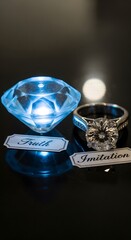 A close-up of a glowing blue gemstone replica and a sparkling diamond ring with labels reading 'Truth' and 'Imitation' on a reflective surface, symbolizing authenticity and deception in jewelry