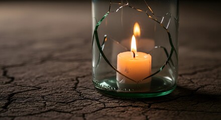 A lit candle inside a glass jar with a decorative wire around it, placed on a textured wooden surface, creating a warm and cozy ambiance suitable for relaxation or meditation