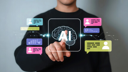 Man touching digital screen displaying AI brain and communication bubbles