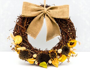 Beautiful handcrafted wreath with dried flowers and a burlap bow for seasonal decoration