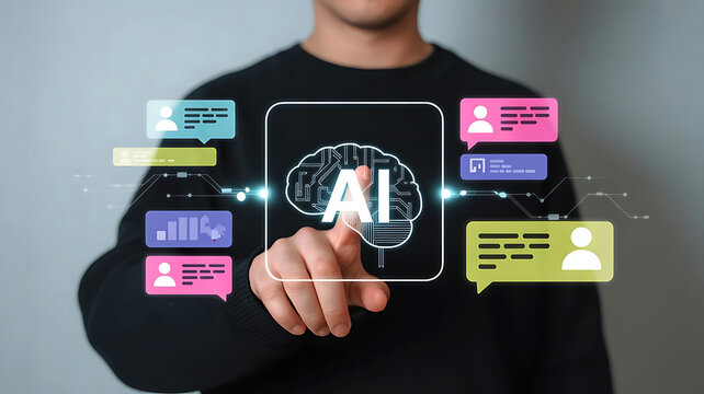 Man touching digital screen displaying AI brain and communication bubbles