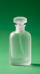 A frosted glass perfume bottle with a rounded cap standing against a vibrant green background, showcasing a sleek and elegant design suitable for luxury products