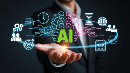Artificial intelligence concept shown with brain illustration and business graphics presented on hand
