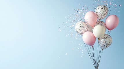 A cluster of balloons, some filled with confetti and others solid pink or white, are suspended against a pale blue backdrop, with confetti raining down.