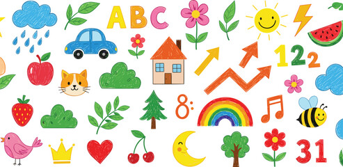 Vibrant hand-drawn doodle pattern featuring a playful assortment of cute animals, nature elements, and educational symbols for children's learning and creative projects